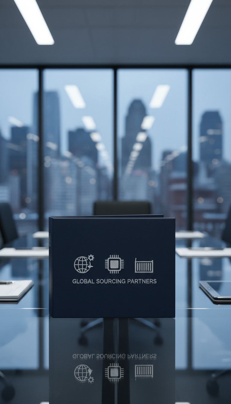 A polished, streamlined trade catalog binder finished in deep navy blue vegan leather and embossed with silver foil logos of several global suppliers. It rests atop a glass meeting room table, with a panoramic city skyline visible through wide windows in the background. Bright but diffused overhead lighting produces gentle reflections on the binder and table surface, giving the scene a vibrant, professional feel. The composition uses an asymmetrical balance, focusing on the binder in the foreground with subtle bokeh on the cityscape. The image’s clean, realistic style aligns with global sourcing and professional project management themes.