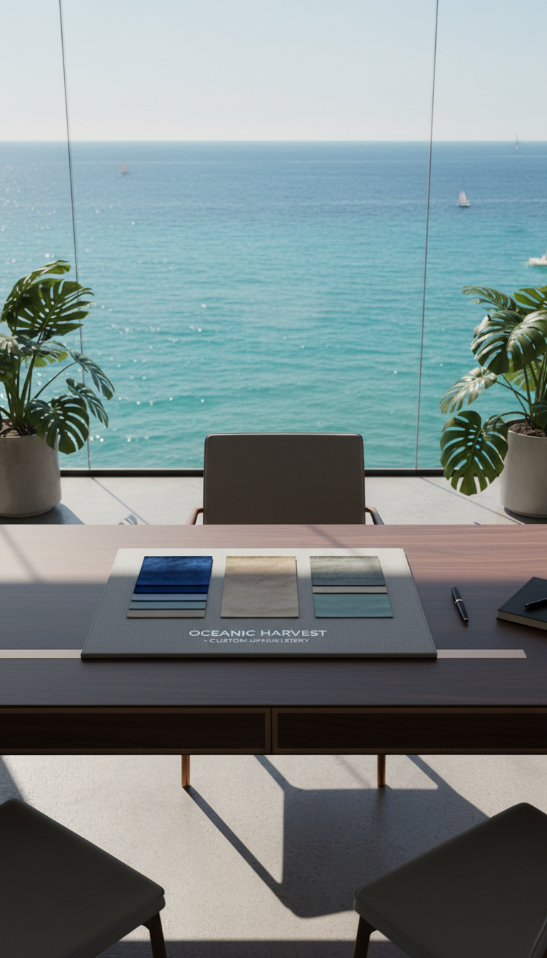 A meticulously crafted, dark walnut executive desk with sharp, clean edges and subtle metallic accents, atop which rests an open, minimalist portfolio displaying swatches of finely textured custom furniture fabrics—velvet, leather, and linen in coastal hues. The desk sits in an airy office lined by glass walls overlooking a shimmering turquoise sea, with soft midday daylight illuminating the scene and casting delicate, crisp shadows. The overall feeling is refined and inviting. The composition is eye-level with balanced framing, employing a modern, sophisticated photographic realism that underscores expertise in custom-made furniture and regional project solutions.