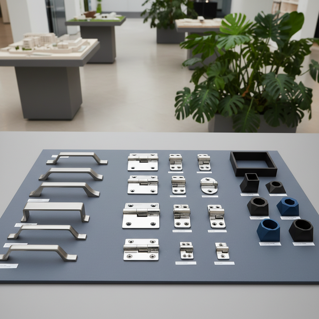 A set of precision-engineered hardware samples—chrome-plated hinges, brushed stainless steel handles, and anodized aluminum fittings—organized neatly atop a smooth, slate-grey presentation board. The background features a blurred, spacious showroom with architectural models and tropical plants. Neutral, soft studio lighting emphasizes the glint and finish of each metal sample, casting crisp micro-shadows for depth and clarity. The arrangement is orderly yet approachable, photographed from a top-down perspective to highlight detail and selection. The aesthetic is contemporary and trustworthy, directly supporting the message of access to world-class suppliers for diverse projects.