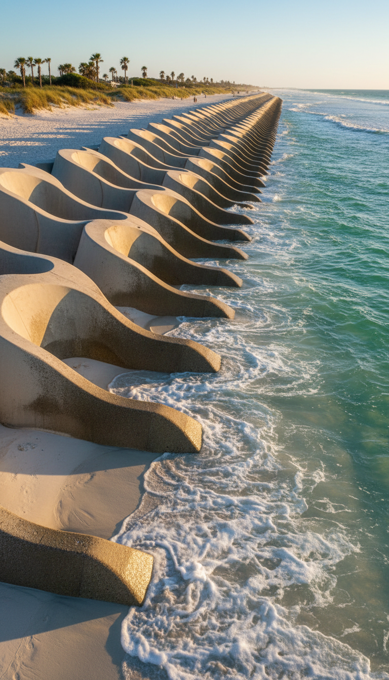 An intricately engineered shoreline protection barrier constructed from interlocking reinforced concrete modules with a textured, wave-mimicking pattern. The barrier stretches across a white sand coastline with vivid, emerald-green waters lapping against it. Warm, late afternoon sunlight bathes the scene, producing dramatic highlights on the raised textures and long, elegant shadows behind the modules. The setting exudes security and environmental harmony, emphasizing the blend of technology and nature. Captured from a low-angle perspective to showcase the scale and structural detail, presented in a crisp, modern photographic style suitable for business representation.